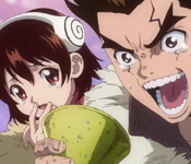 taiju and yuzuriha talking to senku with the phone